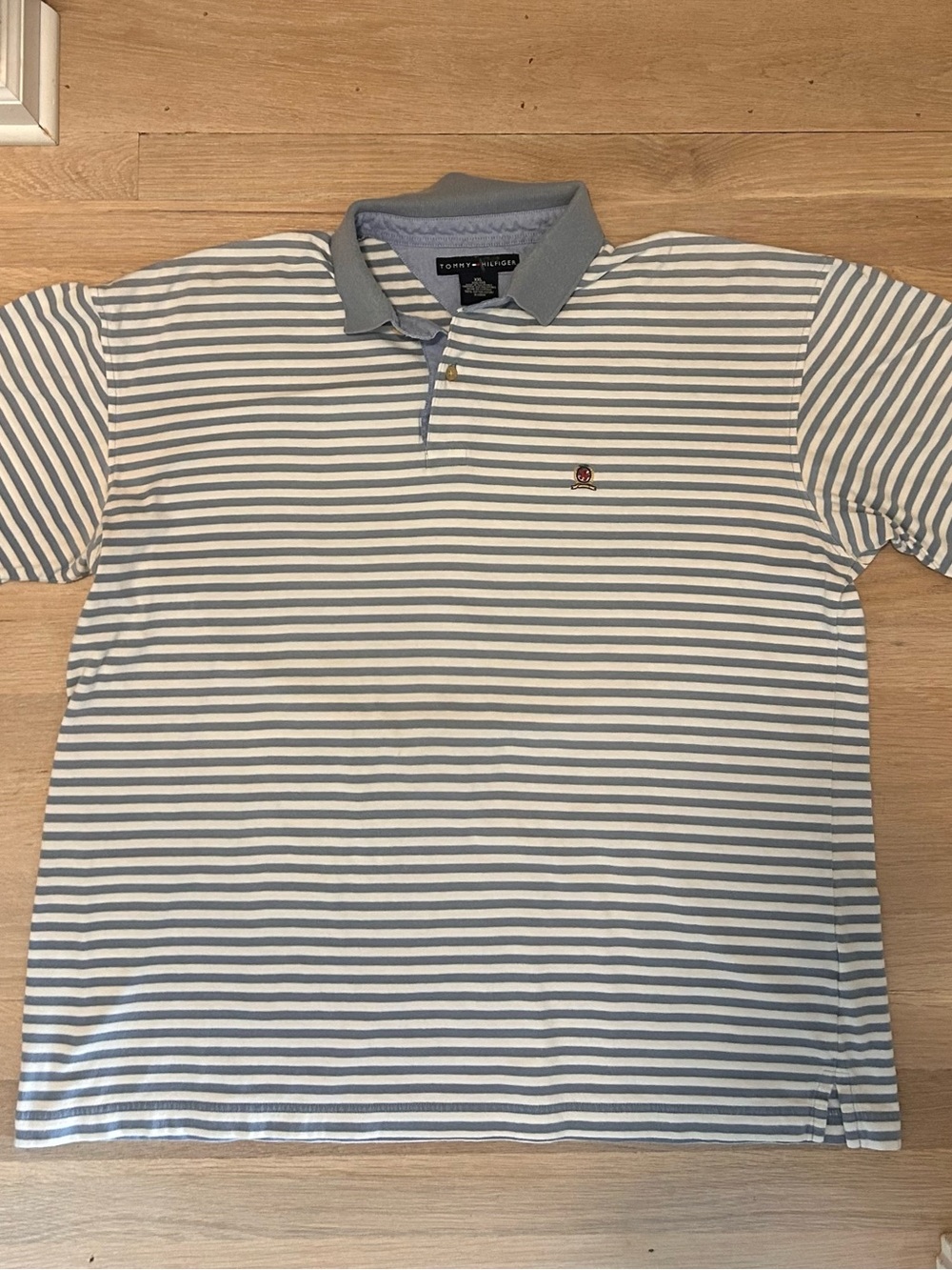Vintage Y2K Tommy Hilfiger Crest Logo Men’s Polo Shirt XL Blue White Striped